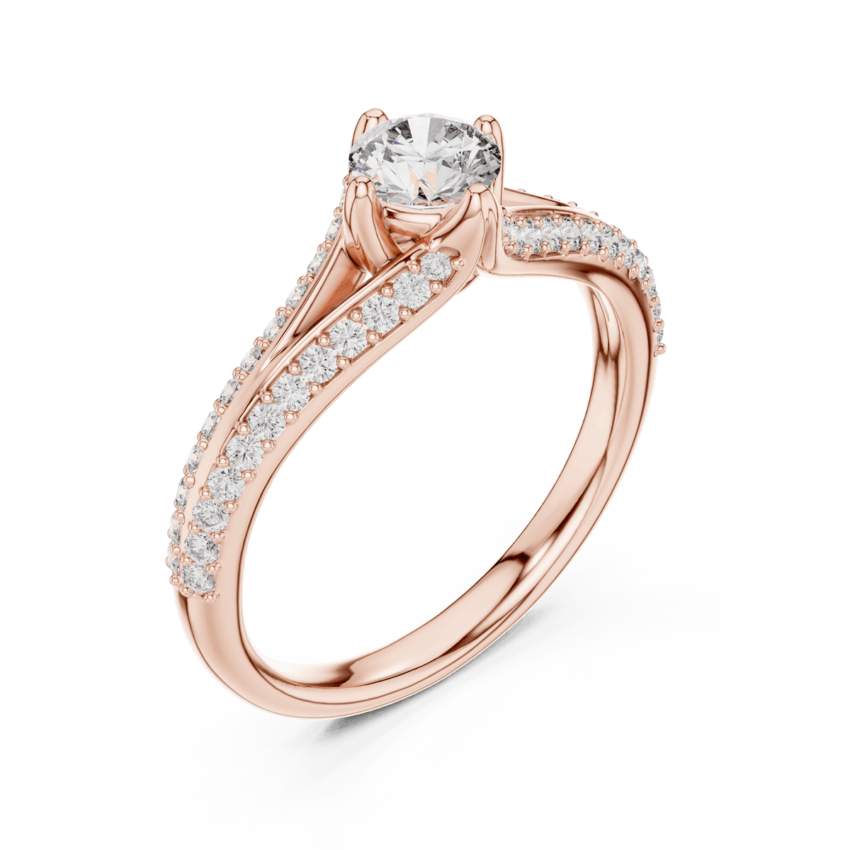 Twisted pavé solitaire diamond ring featuring a round-cut center stone, elegant crossover band, and sparkling pavé-set diamonds by Orova Jewels.
