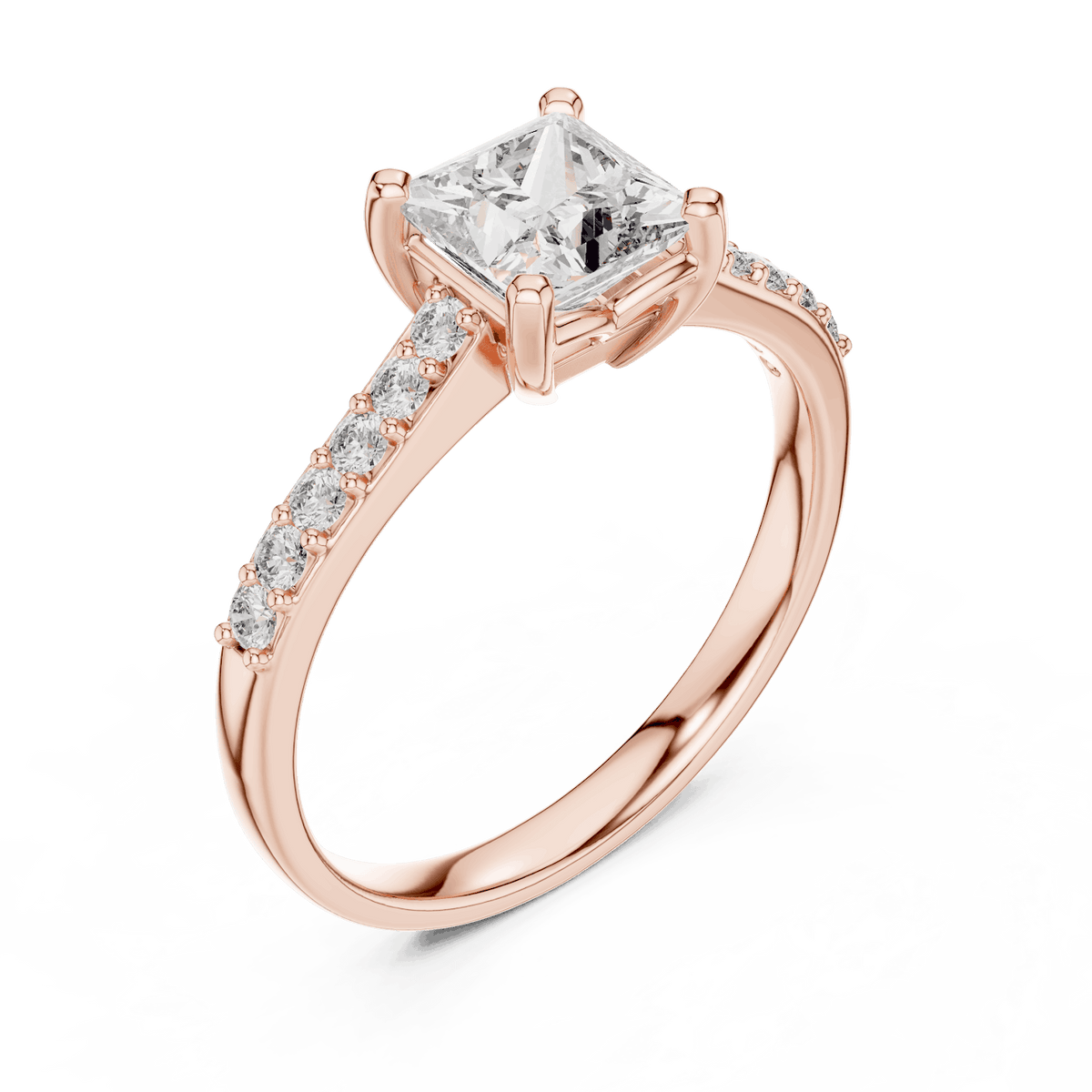 Classic pavé solitaire diamond engagement ring featuring a round-cut center stone in a four-prong setting with a sparkling pavé diamond band by Orova Jewels.