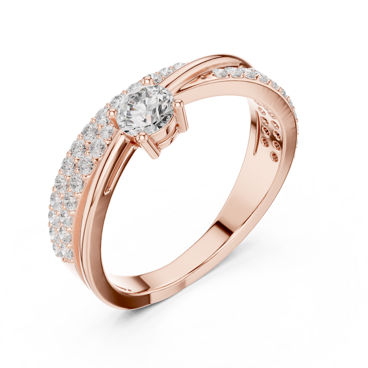 Pavé Diamond Solitaire Engagement Ring featuring a brilliant solitaire setting with a sparkling pavé diamond band and polished finish by Orova Jewels.