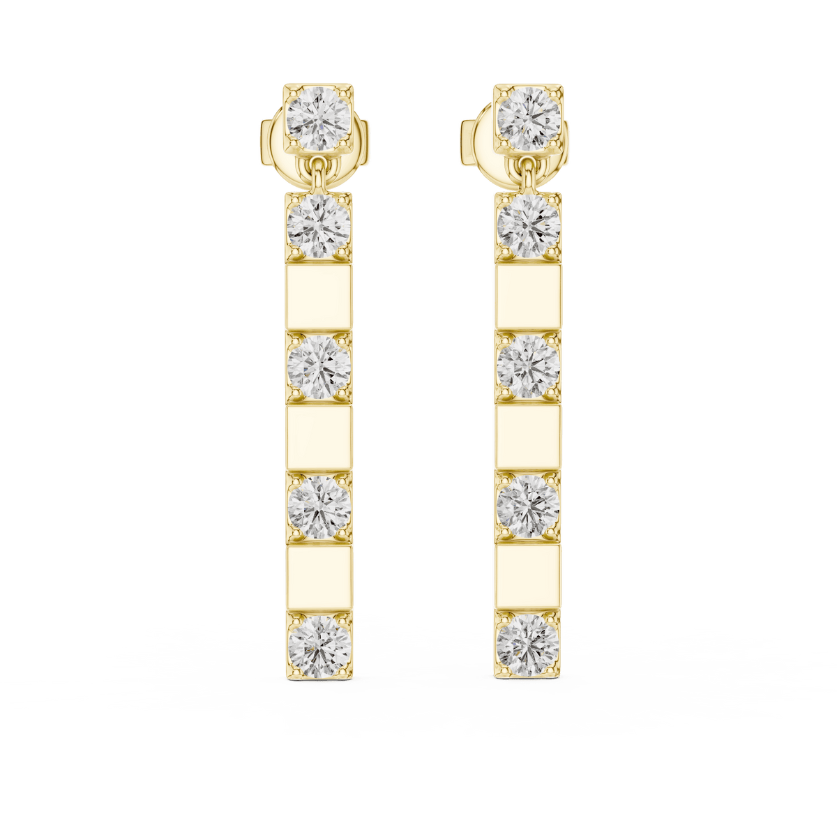 Modern diamond bar drop earrings featuring alternating polished links and sparkling round stones in a sleek vertical design by Orova Jewels