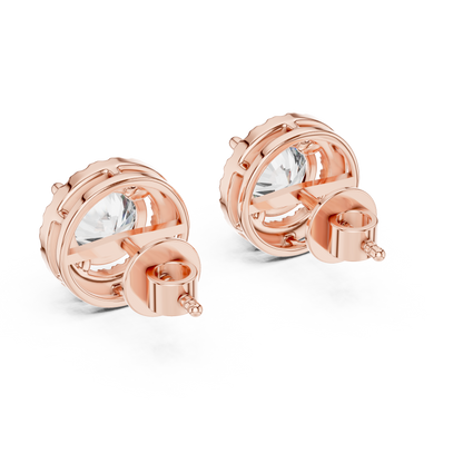 Round halo diamond stud earrings featuring brilliant center stones surrounded by sparkling halo accents with secure stud backs by Orova Jewels.