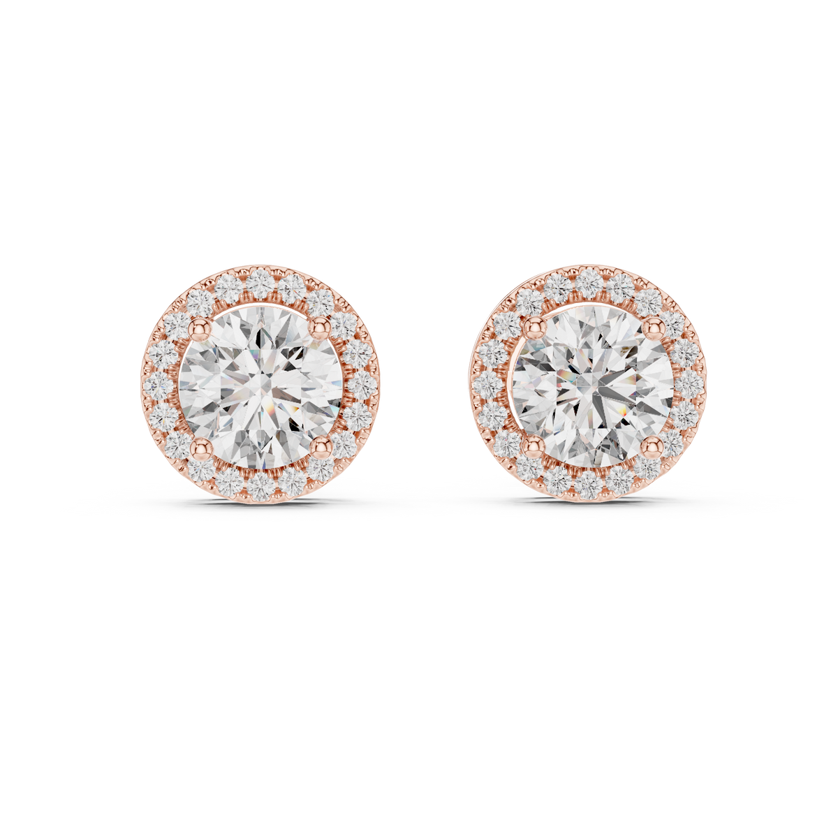 Round halo diamond stud earrings featuring brilliant center stones surrounded by sparkling halo accents with secure stud backs by Orova Jewels.