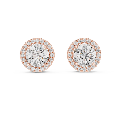 Round halo diamond stud earrings featuring brilliant center stones surrounded by sparkling halo accents with secure stud backs by Orova Jewels.