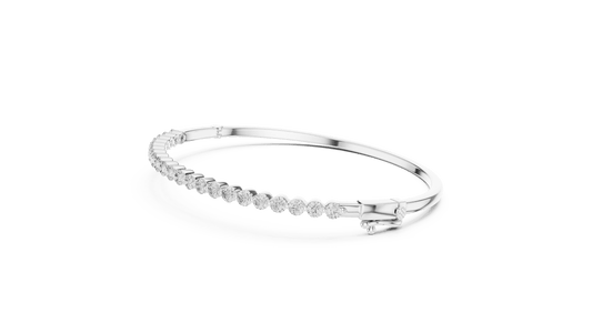 Classic round diamond hinged bangle featuring brilliant round-cut diamonds set along a polished white gold bracelet with a secure clasp by Orova Jewels.