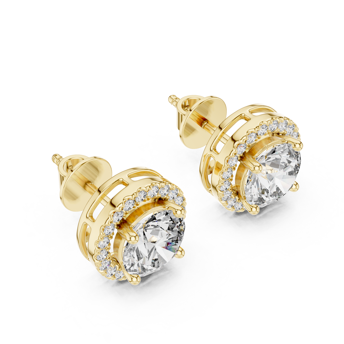 Round halo diamond stud earrings featuring brilliant center stones surrounded by sparkling halo accents with secure stud backs by Orova Jewels.
