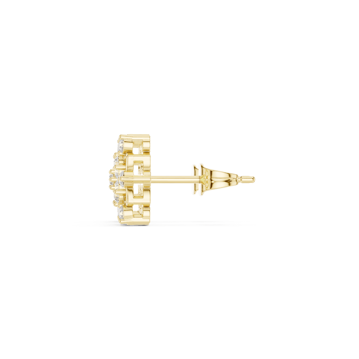 Geometric floral diamond stud earrings featuring sparkling round stone clusters and a modern geometric design by Orova Jewels.