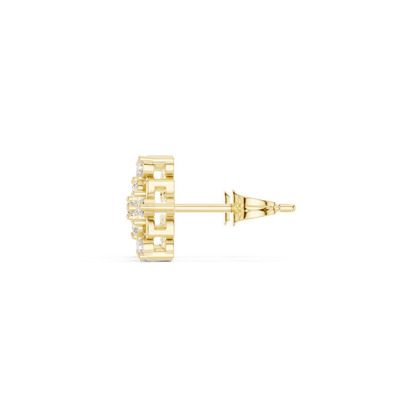 Geometric floral diamond stud earrings featuring sparkling round stone clusters and a modern geometric design by Orova Jewels.