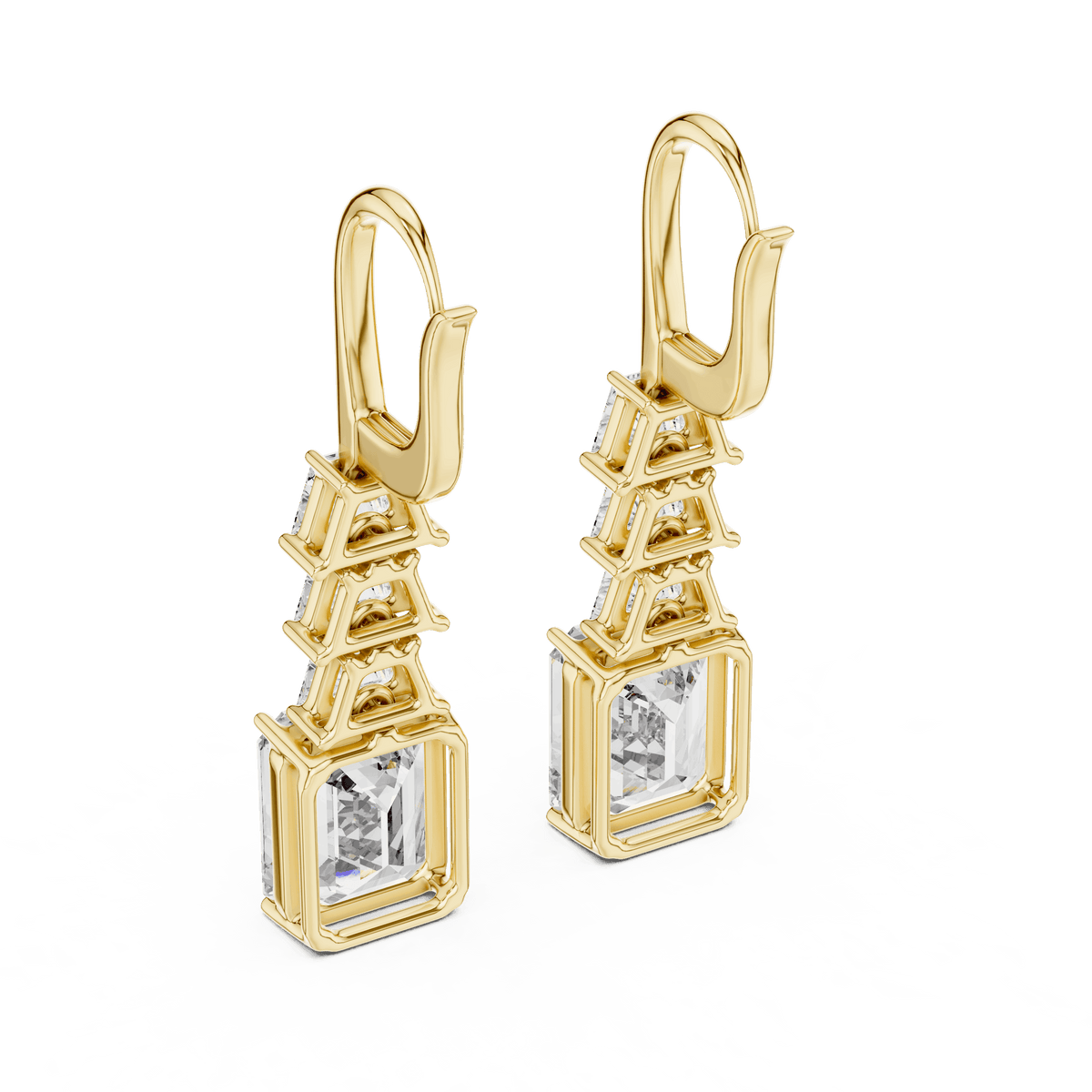 Elegant emerald cut diamond drop earrings featuring a geometric drop design with sparkling emerald-cut stones by Orova Jewels.