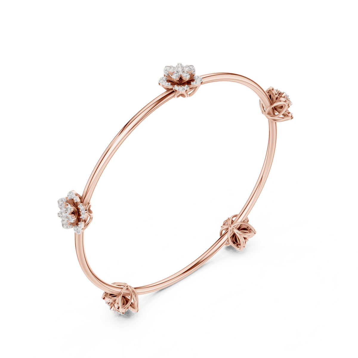 Blooming Floral & Leaf Crystal Bangle Bracelet featuring sparkling flower blossoms and leaf-inspired charms on a polished silver-tone open bangle by Orova Jewels.