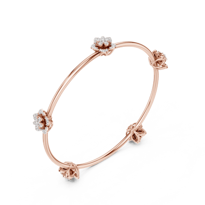 Blooming Floral & Leaf Crystal Bangle Bracelet featuring sparkling flower blossoms and leaf-inspired charms on a polished silver-tone open bangle by Orova Jewels.