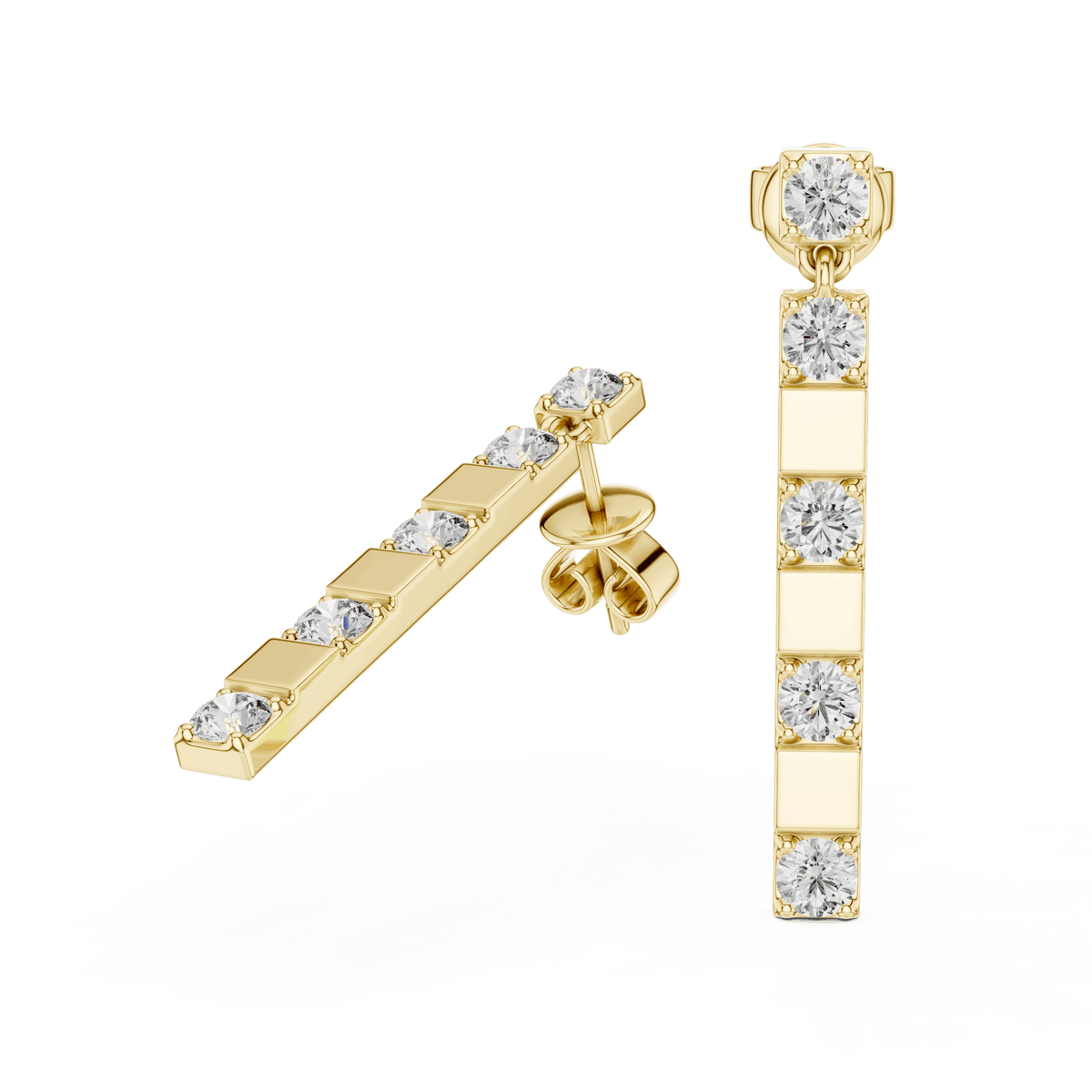 Modern diamond bar drop earrings featuring alternating polished links and sparkling round stones in a sleek vertical design by Orova Jewels