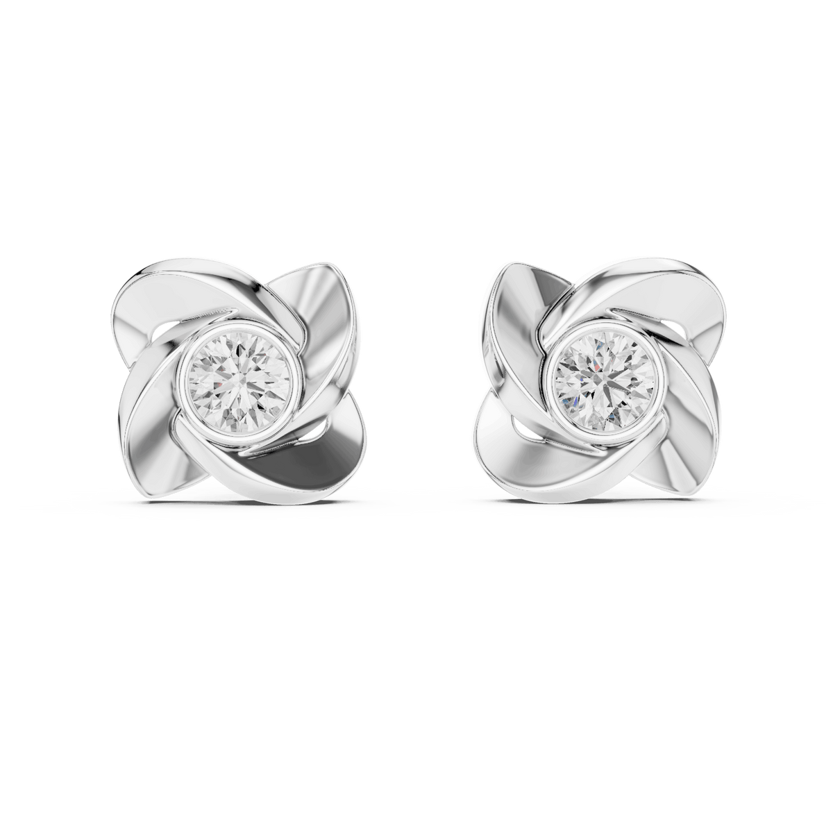 Twisted ribbon diamond stud earrings featuring a brilliant round center stone with a modern swirl design by Orova Jewels.