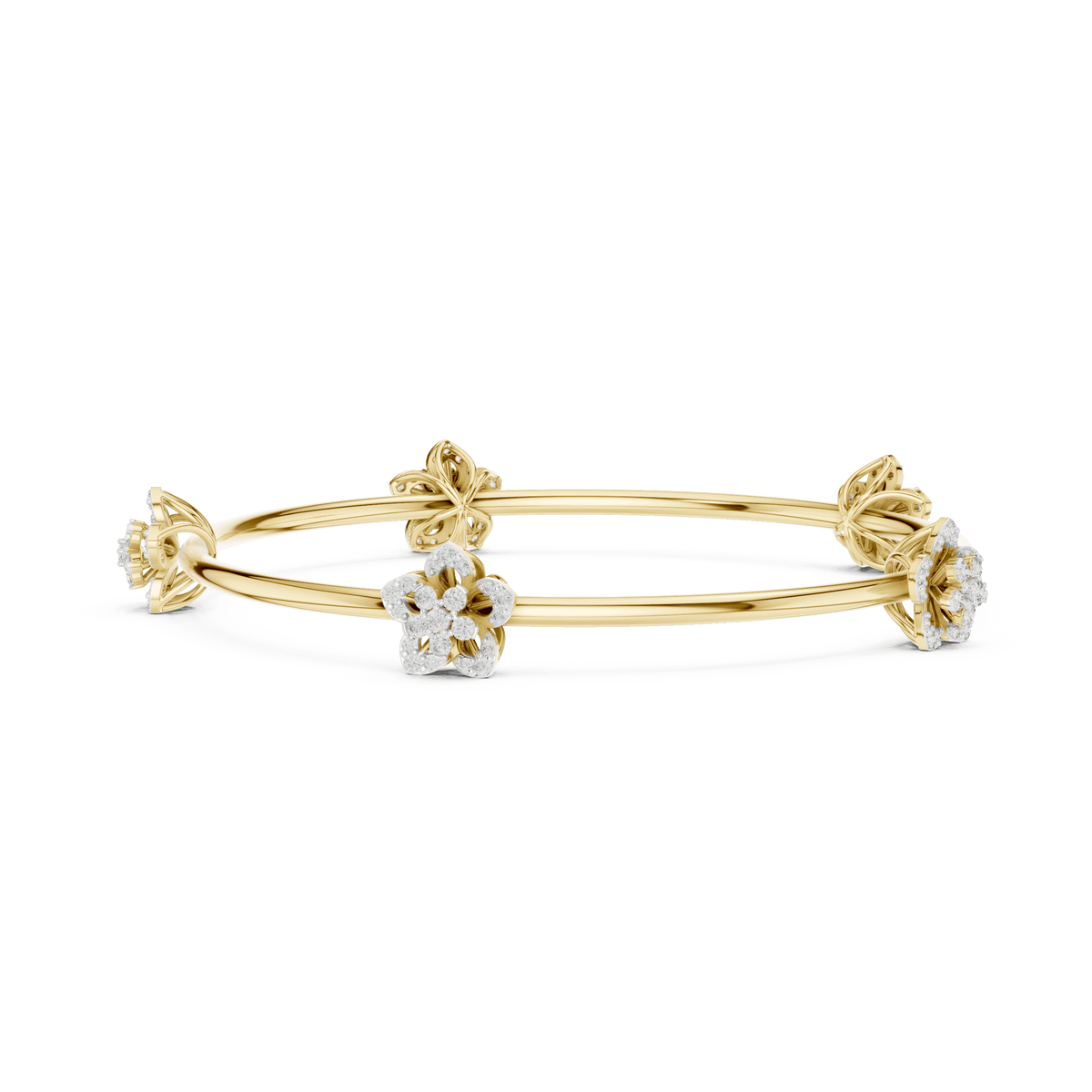 Blooming Floral & Leaf Crystal Bangle Bracelet featuring sparkling flower blossoms and leaf-inspired charms on a polished silver-tone open bangle by Orova Jewels.