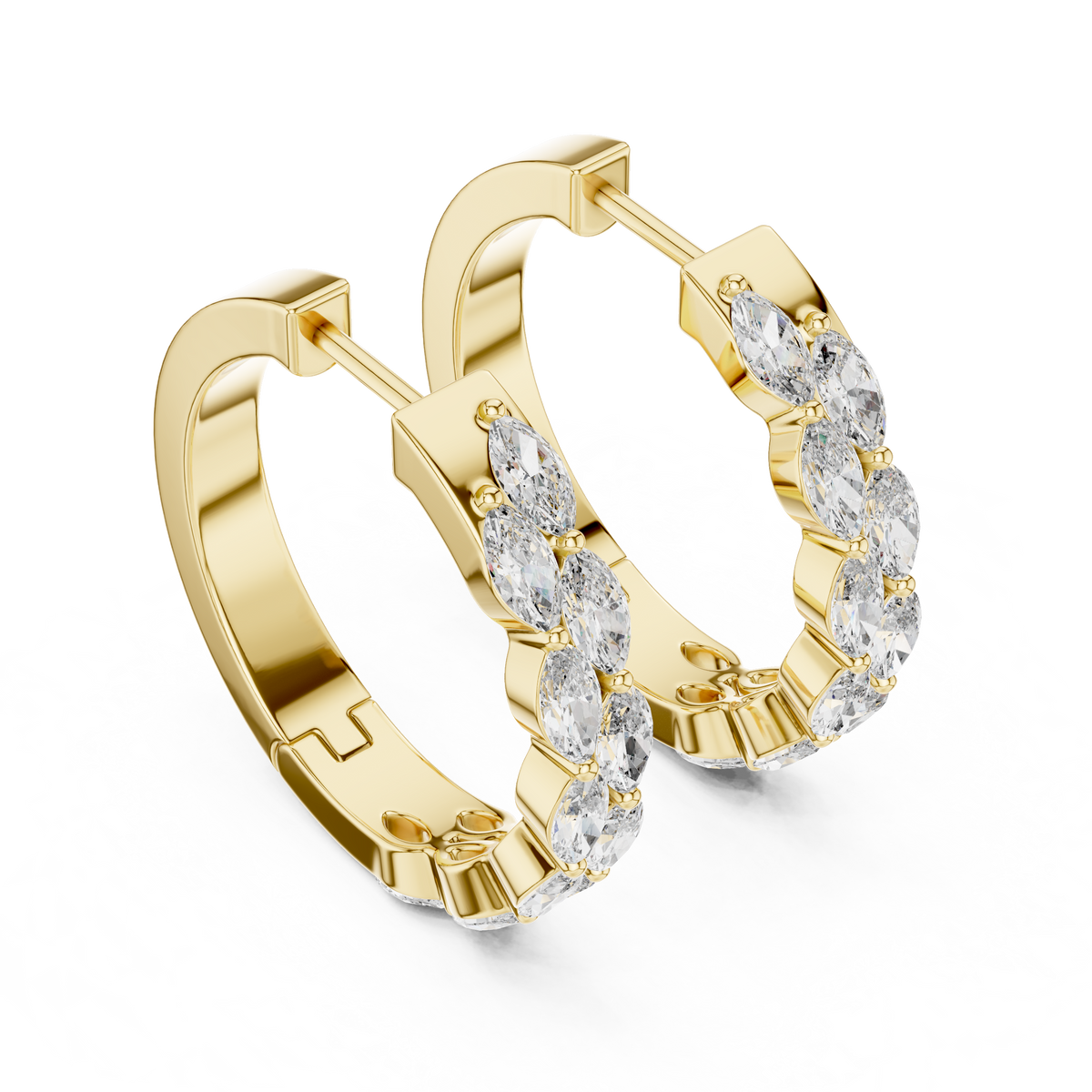 Marquise diamond hoop earrings featuring sparkling marquise-cut stones in a sleek hinged hoop design by Orova Jewels.