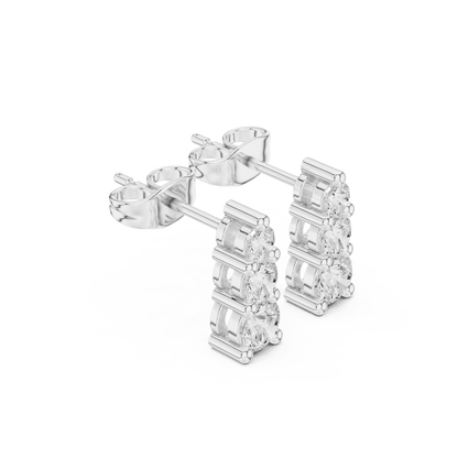 Three stone diamond drop stud earrings featuring brilliant round-cut stones in a vertical design with secure butterfly backs by Orova Jewels.