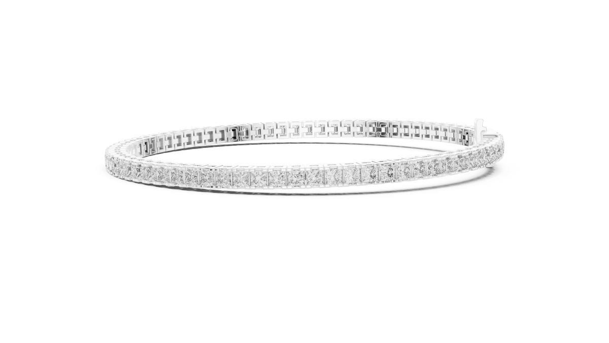 Princess Cut Diamond Tennis Bracelet featuring a continuous row of sparkling square-cut stones with a secure box clasp by Orova Jewels.