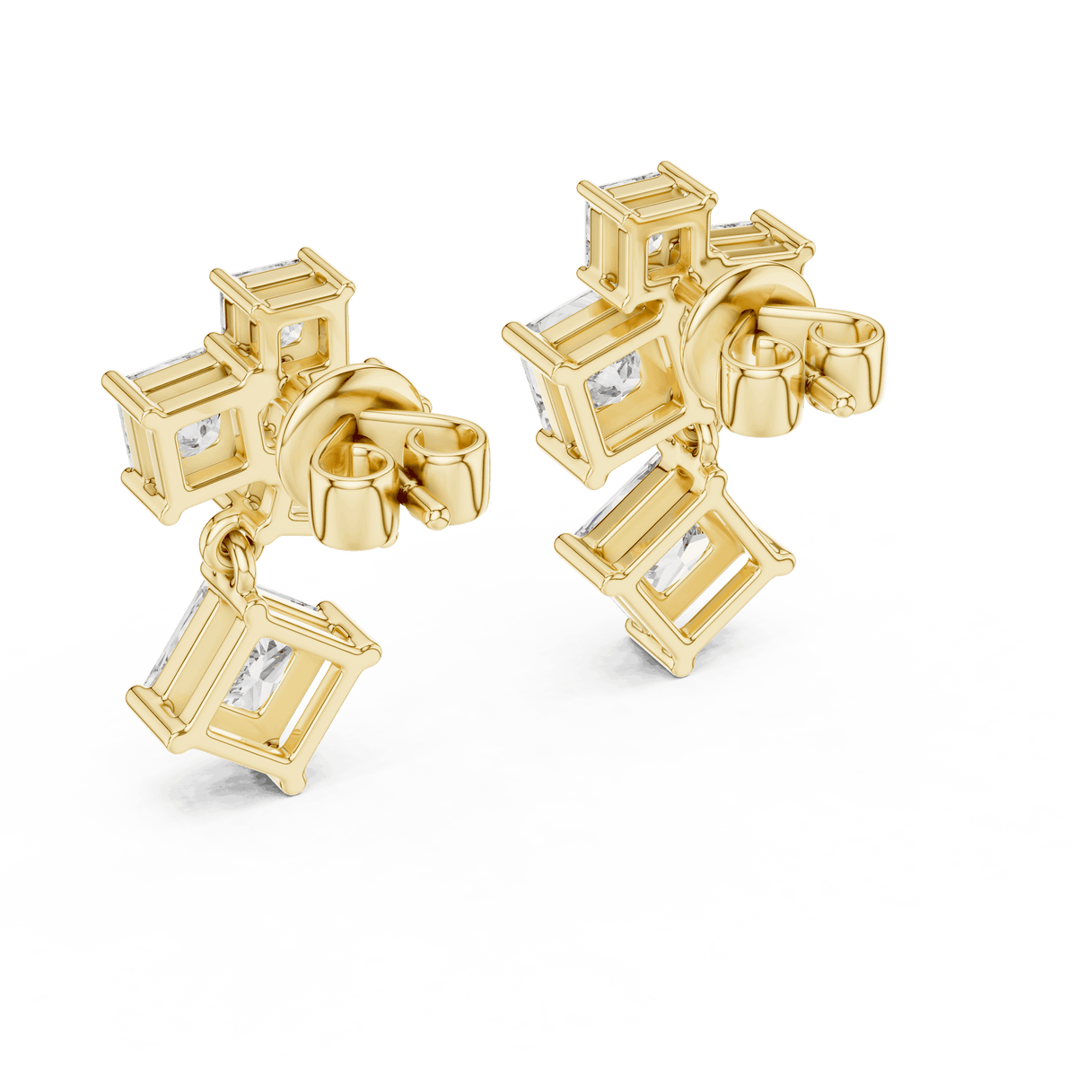 Princess cut diamond cluster drop earrings featuring cascading square-cut stones in a modern geometric design by Orova Jewels.