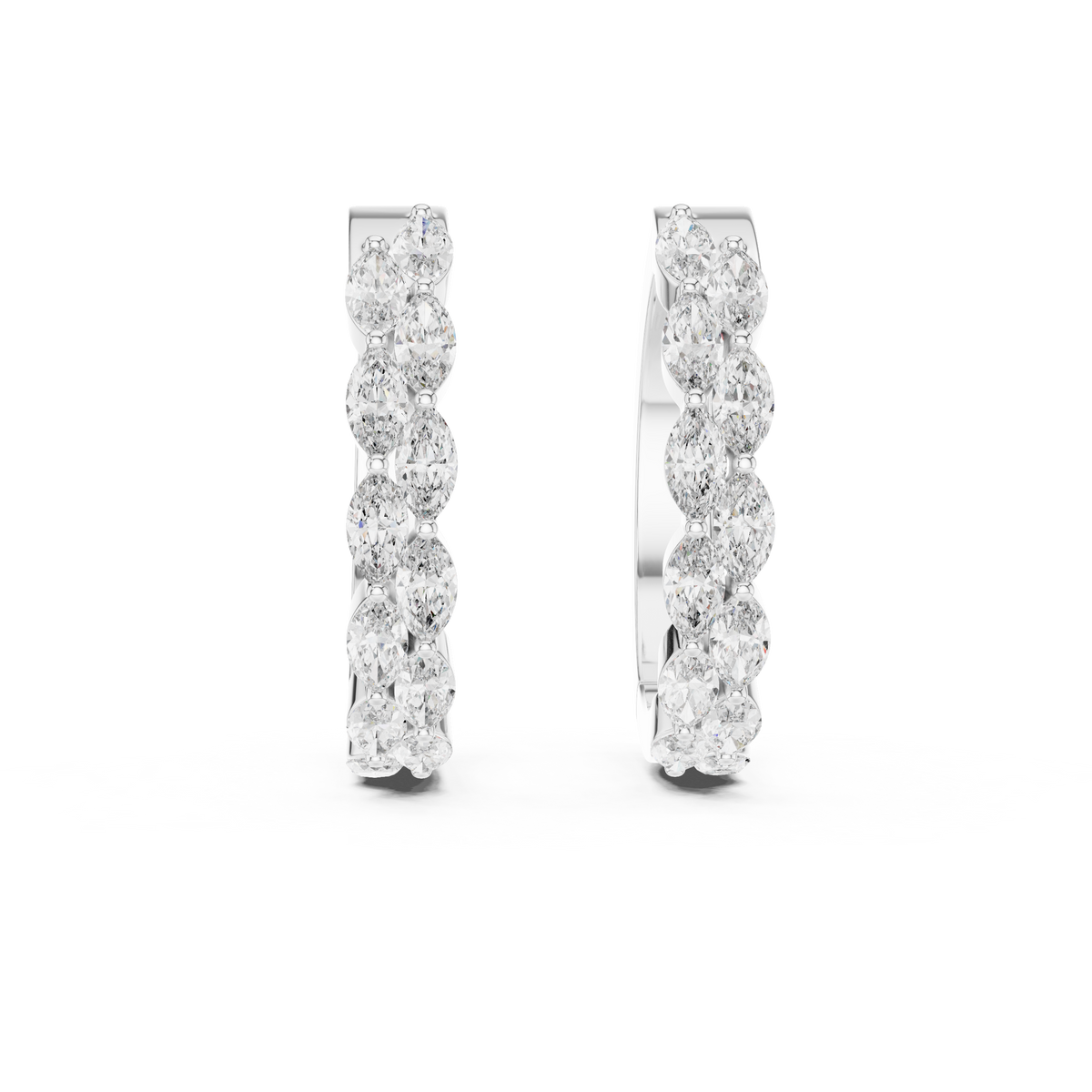 Marquise diamond hoop earrings featuring sparkling marquise-cut stones in a sleek hinged hoop design by Orova Jewels.