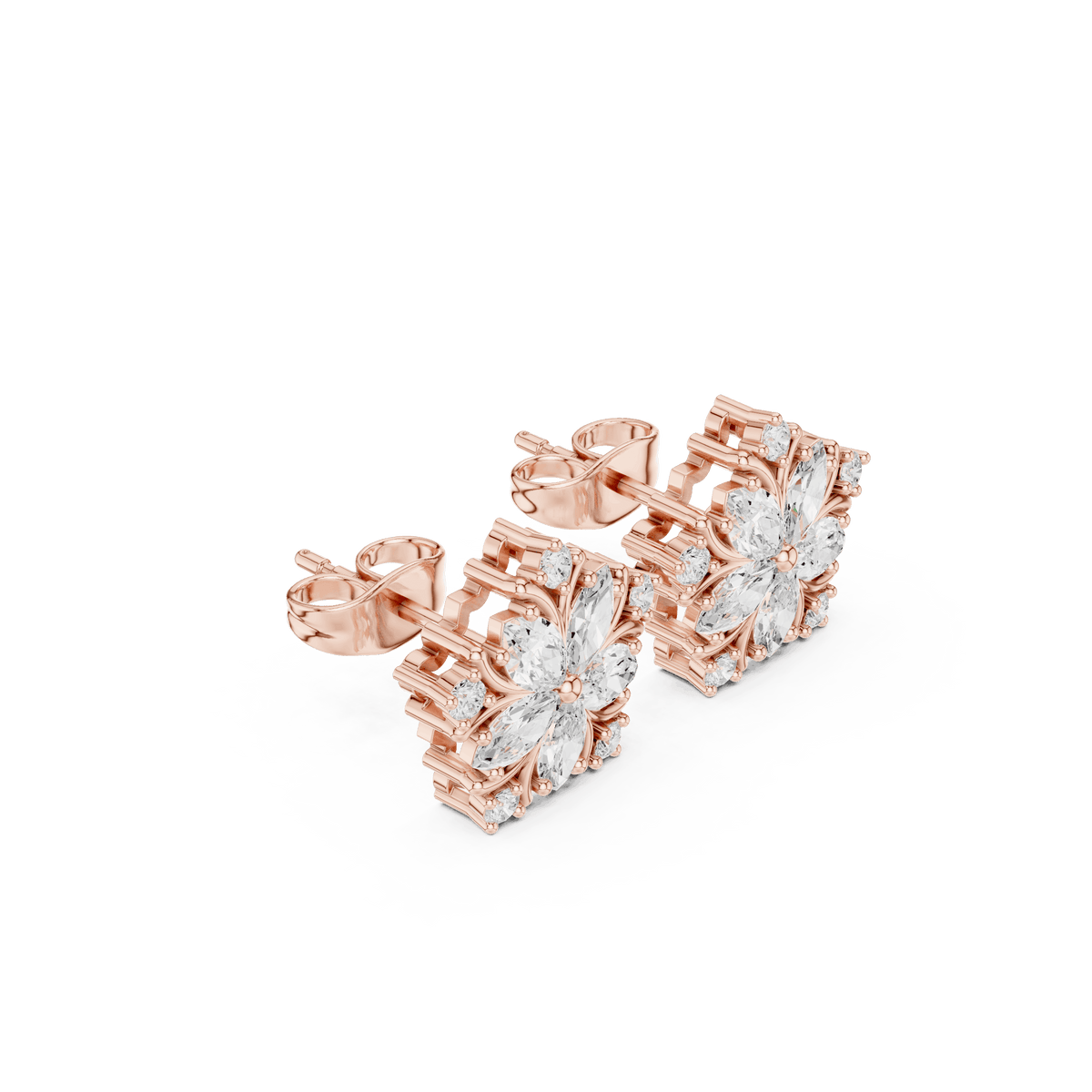 Floral diamond stud earrings featuring marquise and round-cut stones in a sparkling flower-inspired design by Orova Jewels.