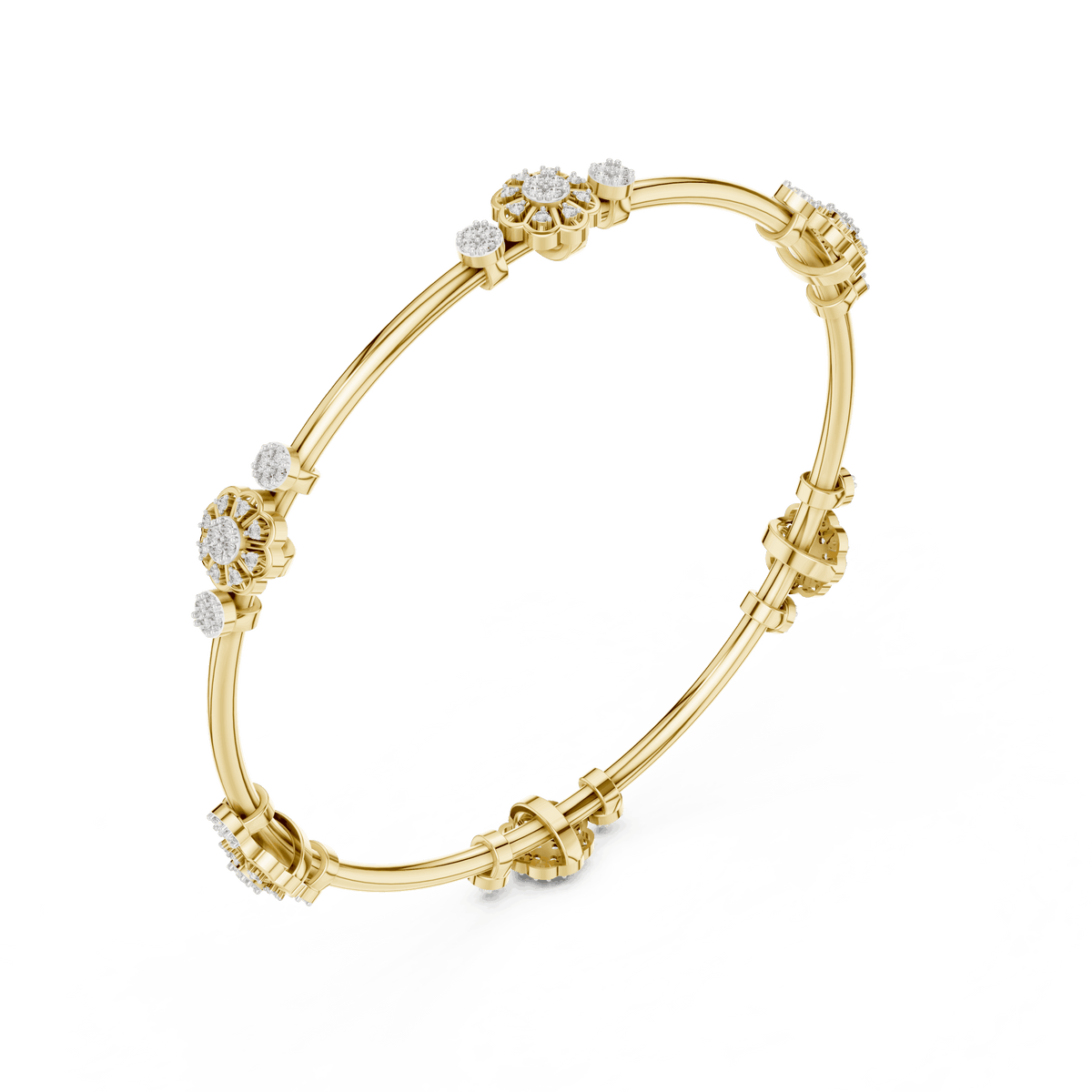 Floral charm crystal bangle bracelet featuring sparkling flower charms, decorative spacer beads, and a polished silver-tone finish by Orova Jewels.