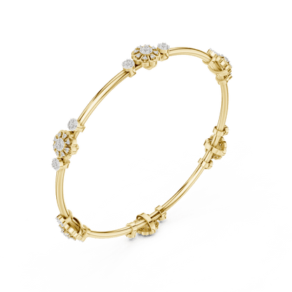 Floral charm crystal bangle bracelet featuring sparkling flower charms, decorative spacer beads, and a polished silver-tone finish by Orova Jewels.