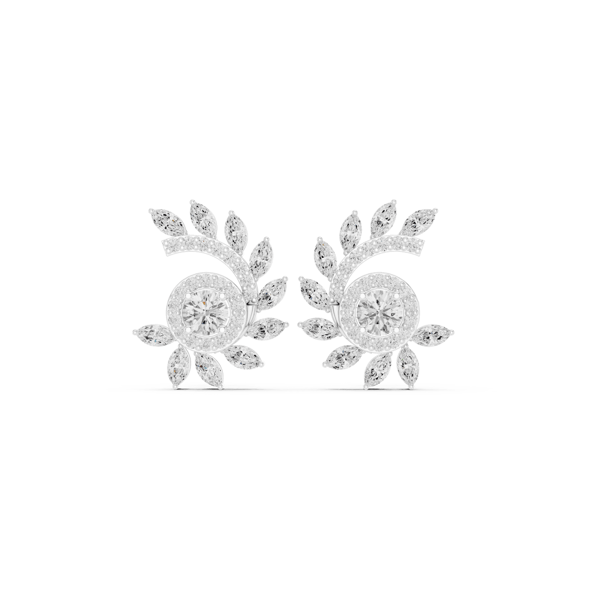 Art Deco diamond statement stud earrings featuring a geometric arrangement of round and baguette-cut stones with a sparkling halo centerpiece by Orova Jewels.