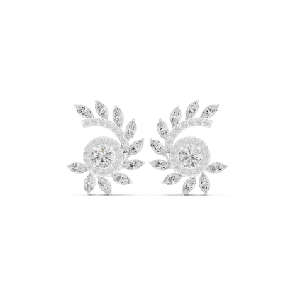 Art Deco diamond statement stud earrings featuring a geometric arrangement of round and baguette-cut stones with a sparkling halo centerpiece by Orova Jewels.