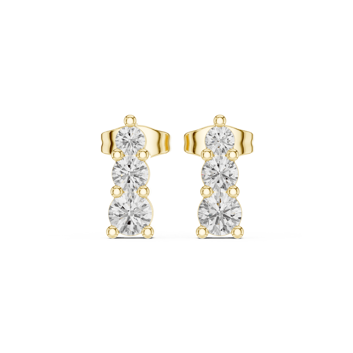 Three stone diamond drop stud earrings featuring brilliant round-cut stones in a vertical design with secure butterfly backs by Orova Jewels.