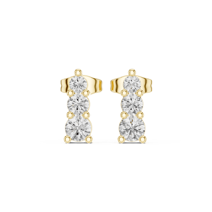 Three stone diamond drop stud earrings featuring brilliant round-cut stones in a vertical design with secure butterfly backs by Orova Jewels.