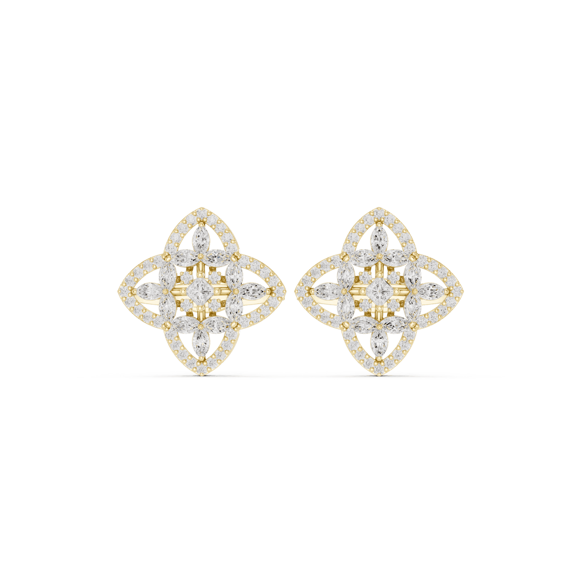 Marquise diamond halo stud earrings featuring a floral cluster design with sparkling round stone accents by Orova Jewels.