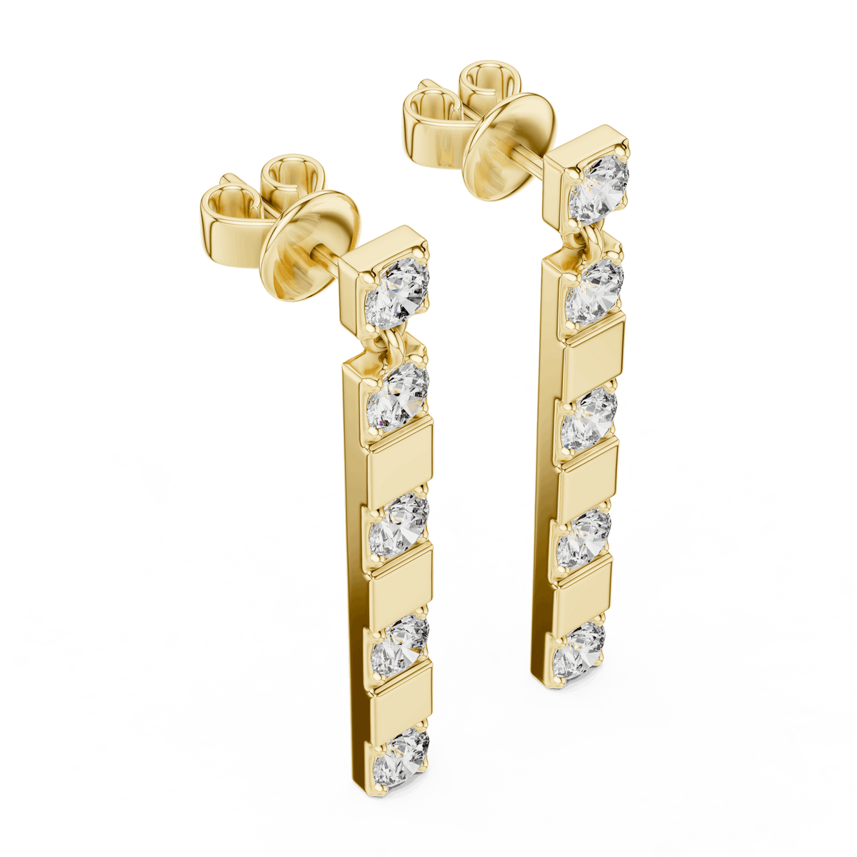 Modern diamond bar drop earrings featuring alternating polished links and sparkling round stones in a sleek vertical design by Orova Jewels