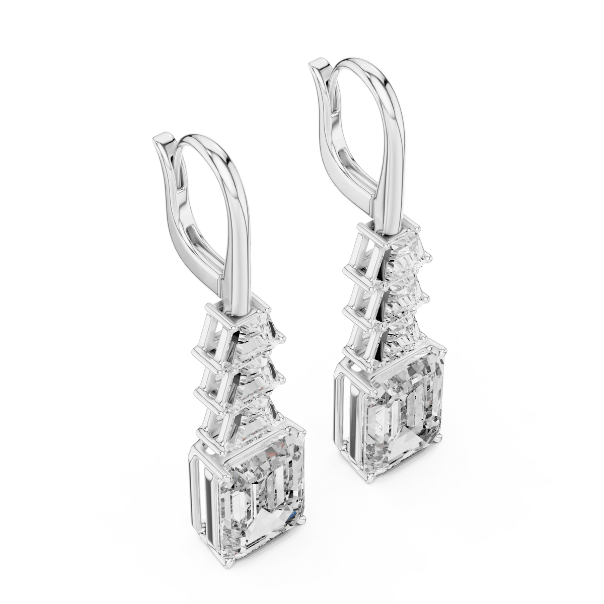 Elegant emerald cut diamond drop earrings featuring a geometric drop design with sparkling emerald-cut stones by Orova Jewels.