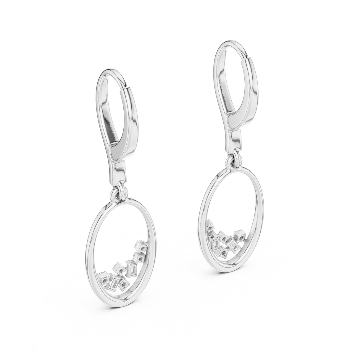 Oval diamond drop hoop earrings featuring an open oval frame with sparkling round and baguette-cut stone accents by Orova Jewels.