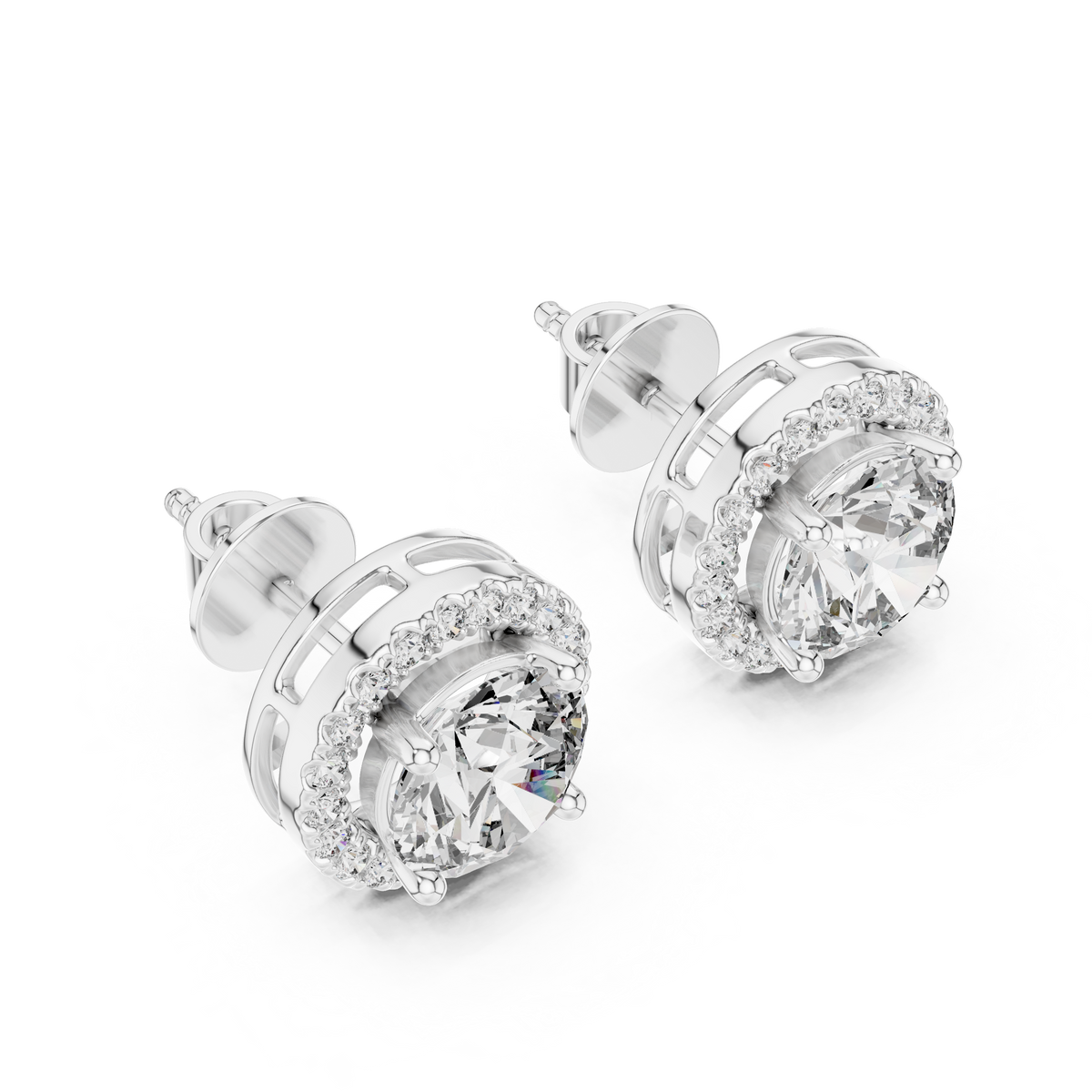 Round halo diamond stud earrings featuring brilliant center stones surrounded by sparkling halo accents with secure stud backs by Orova Jewels.