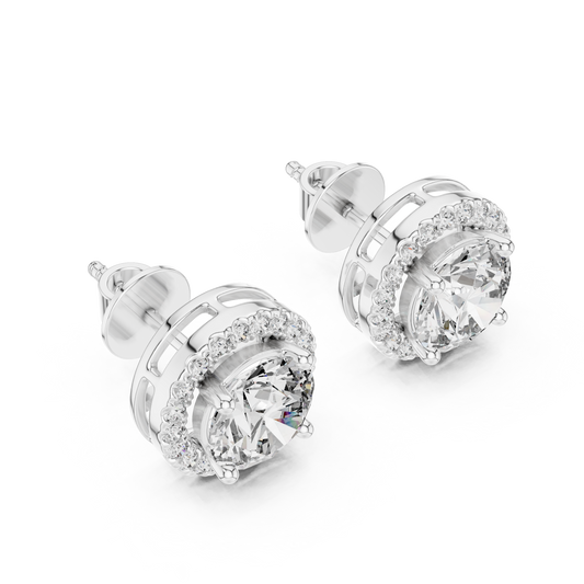 Round halo diamond stud earrings featuring brilliant center stones surrounded by sparkling halo accents with secure stud backs by Orova Jewels.