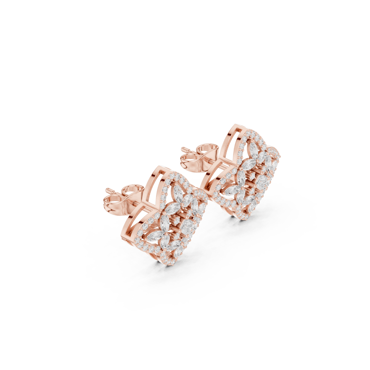 Marquise diamond halo stud earrings featuring a floral cluster design with sparkling round stone accents by Orova Jewels.