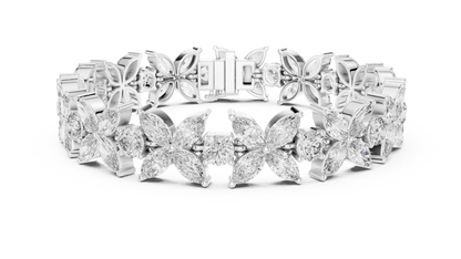 Marquise Floral Diamond Tennis Bracelet featuring sparkling flower motifs crafted with marquise-cut and round brilliant stones in a polished white gold finish by Orova Jewels.