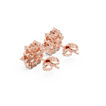 Geometric floral diamond stud earrings featuring sparkling round stone clusters and a modern geometric design by Orova Jewels.