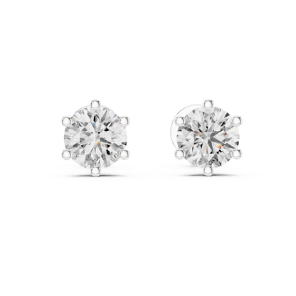 Round solitaire diamond stud earrings featuring brilliant round-cut stones in a classic six-prong setting with secure screw-back closure by Orova Jewels.