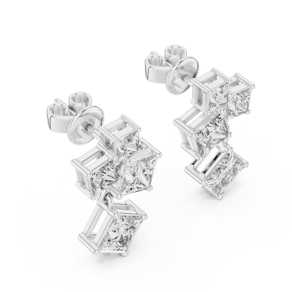 Princess cut diamond cluster drop earrings featuring cascading square-cut stones in a modern geometric design by Orova Jewels.