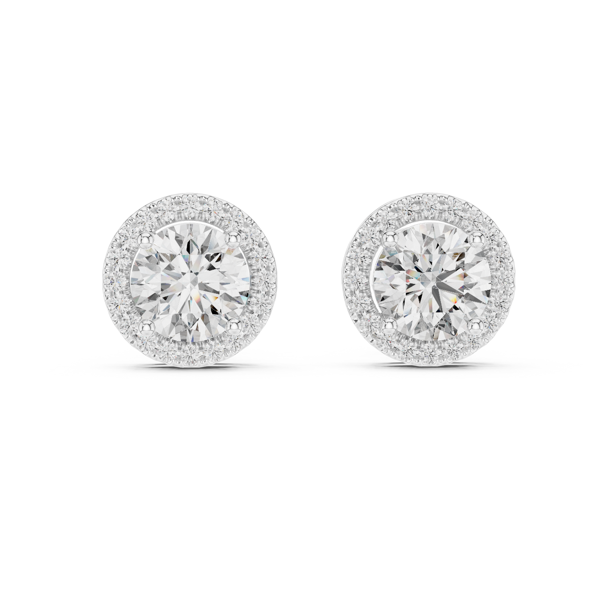 Round halo diamond stud earrings featuring brilliant center stones surrounded by sparkling halo accents with secure stud backs by Orova Jewels.