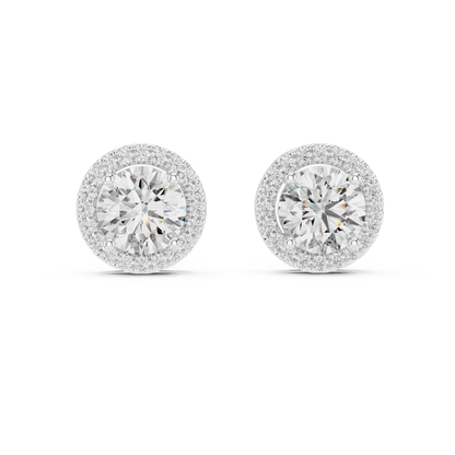 Round halo diamond stud earrings featuring brilliant center stones surrounded by sparkling halo accents with secure stud backs by Orova Jewels.