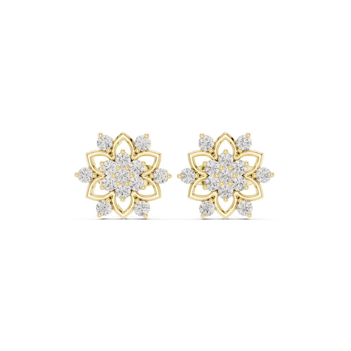 Geometric floral diamond stud earrings featuring sparkling round stone clusters and a modern geometric design by Orova Jewels.