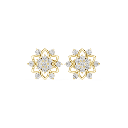 Geometric floral diamond stud earrings featuring sparkling round stone clusters and a modern geometric design by Orova Jewels.