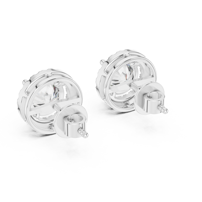Round halo diamond stud earrings featuring brilliant center stones surrounded by sparkling halo accents with secure stud backs by Orova Jewels.