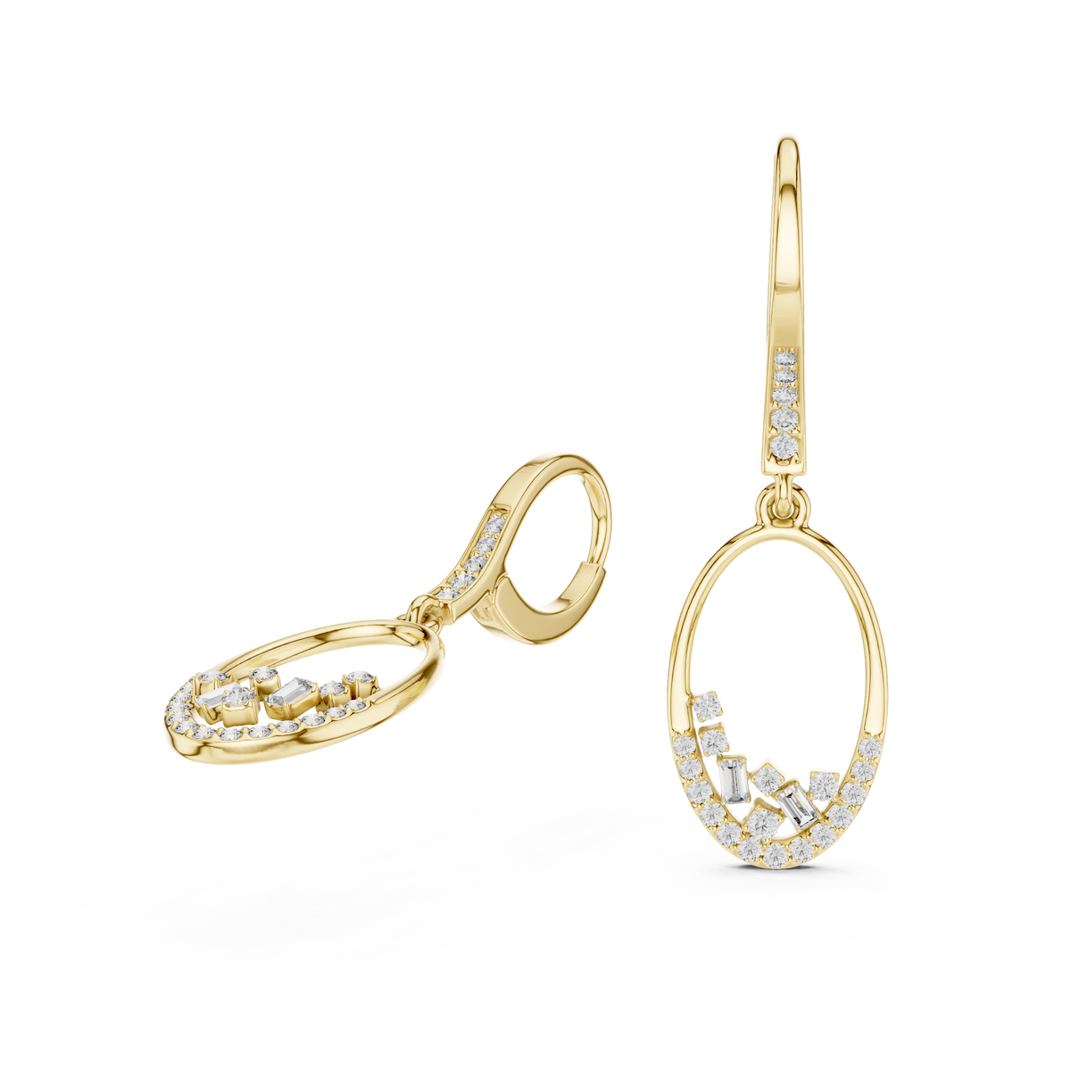 Oval diamond drop hoop earrings featuring an open oval frame with sparkling round and baguette-cut stone accents by Orova Jewels.