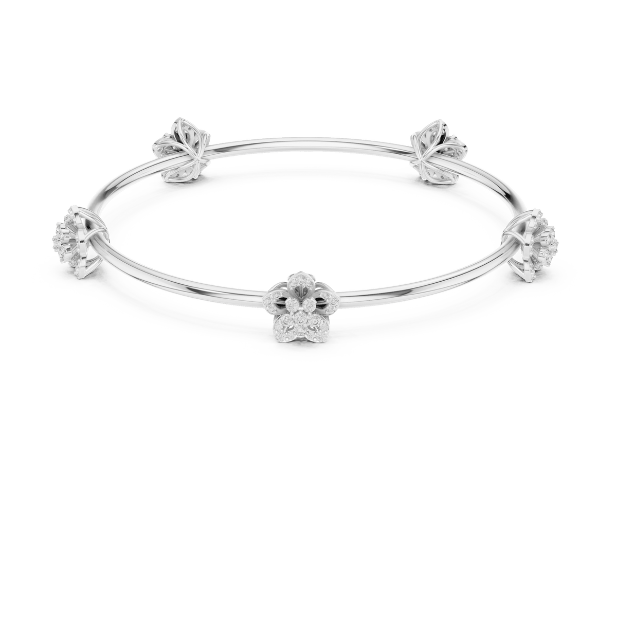 Blooming Floral & Leaf Crystal Bangle Bracelet featuring sparkling flower blossoms and leaf-inspired charms on a polished silver-tone open bangle by Orova Jewels.