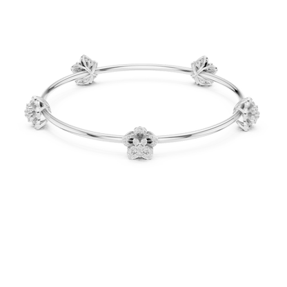 Blooming Floral & Leaf Crystal Bangle Bracelet featuring sparkling flower blossoms and leaf-inspired charms on a polished silver-tone open bangle by Orova Jewels.