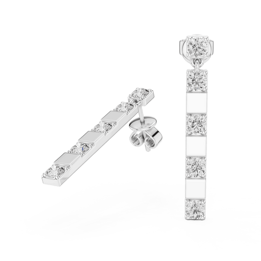 Modern diamond bar drop earrings featuring alternating polished links and sparkling round stones in a sleek vertical design by Orova Jewels