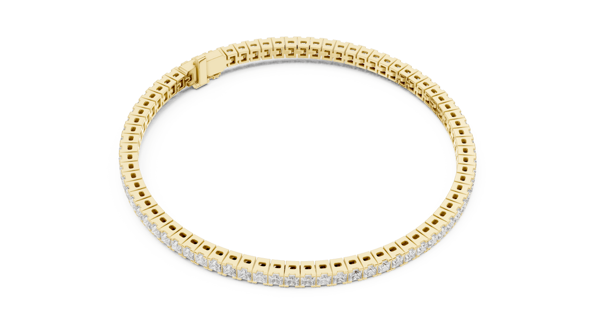 Princess Cut Diamond Tennis Bracelet featuring a continuous row of sparkling square-cut stones with a secure box clasp by Orova Jewels.